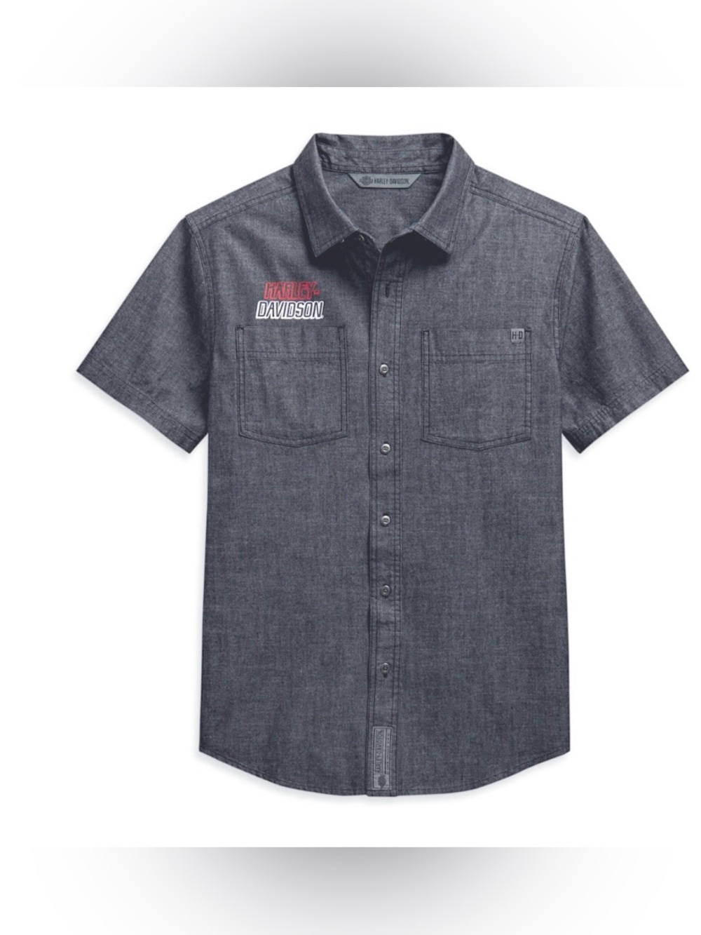 HARLEY DAVIDSON MEN'S CHAMBRAY SHIRT - SLIM FIT SHORT SLEEVES BUTTON DOWN SZ L